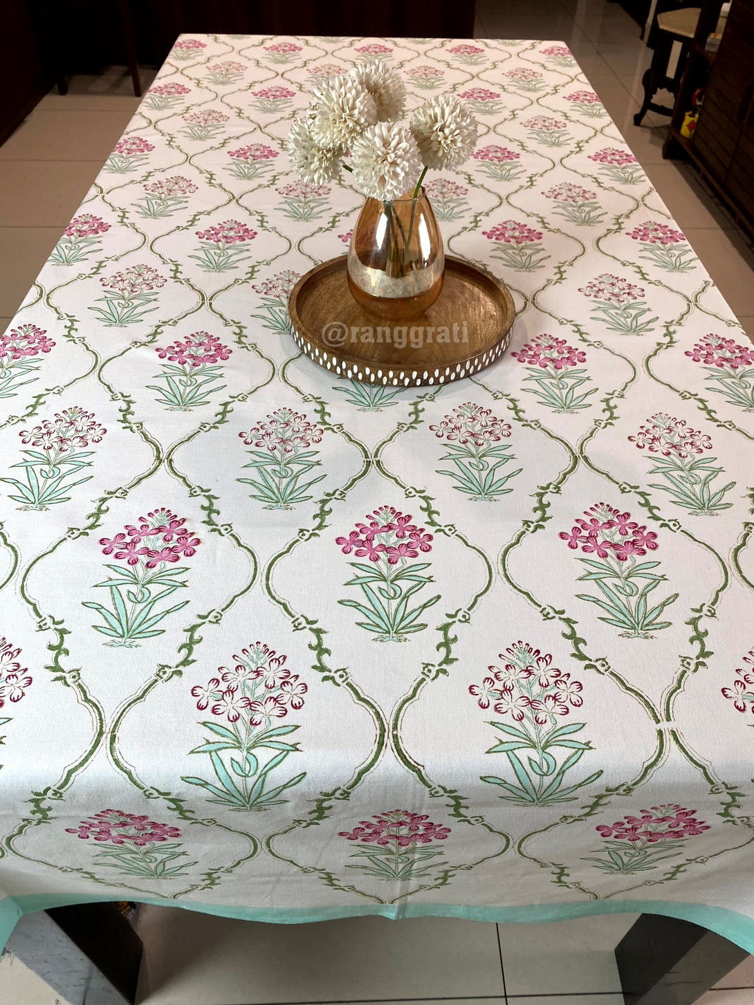 Rectangular Pink Ixora Floral Table Cover for 8-Seater Dining Table