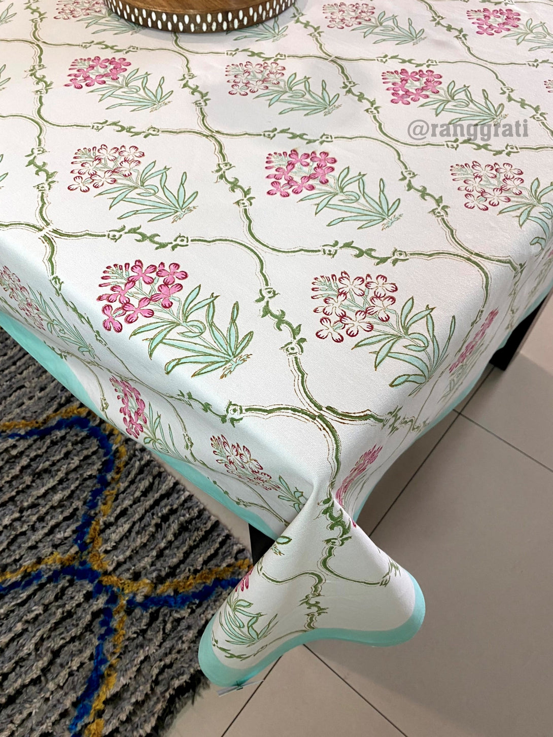 8-Seater Rectangular Dining Table Cover – Pink Ixora Floral Design