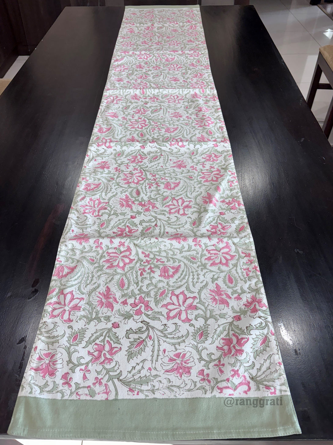 Pink Jaal Floral Block Print Cotton Table Runner 6 Seater Dining Table - Table Runner