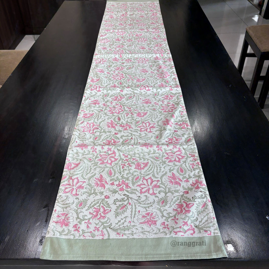 Pink Jaal Floral Block Print Cotton Table Runner 6 Seater Dining Table - Table Runner
