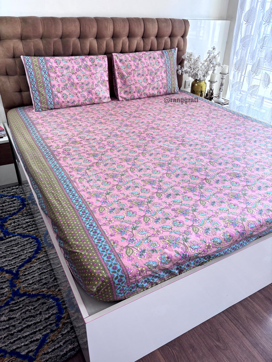 Pink Jaal Floral Cotton Elastic Fitted Bedsheet King Size