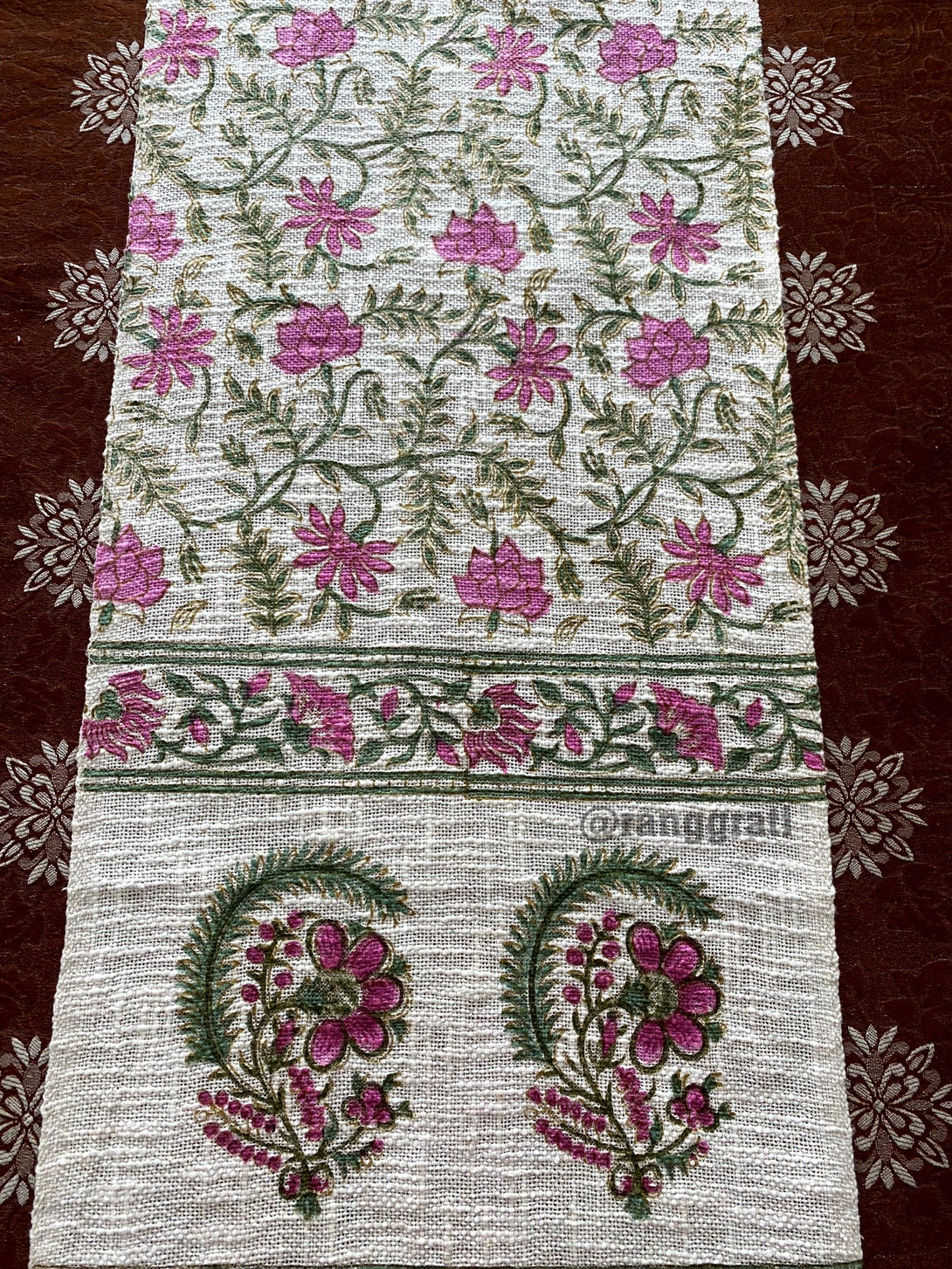 Pink Jaal Floral Jute Cotton Table Runne For 6 Seater Dining Table