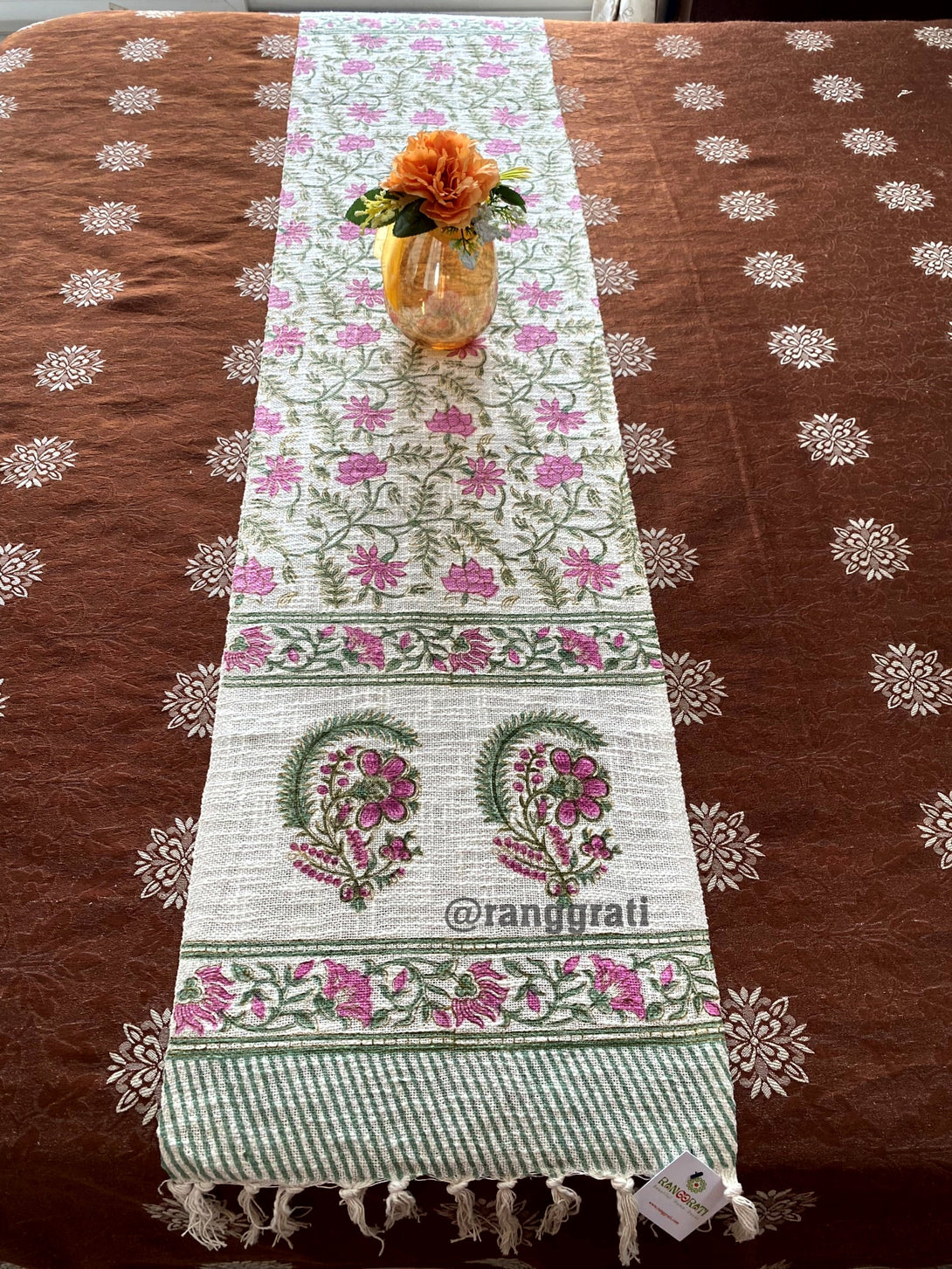 Pink Jaal Floral Jute Cotton Table Runner Hand Block Print For 6 Seater Dining Table
