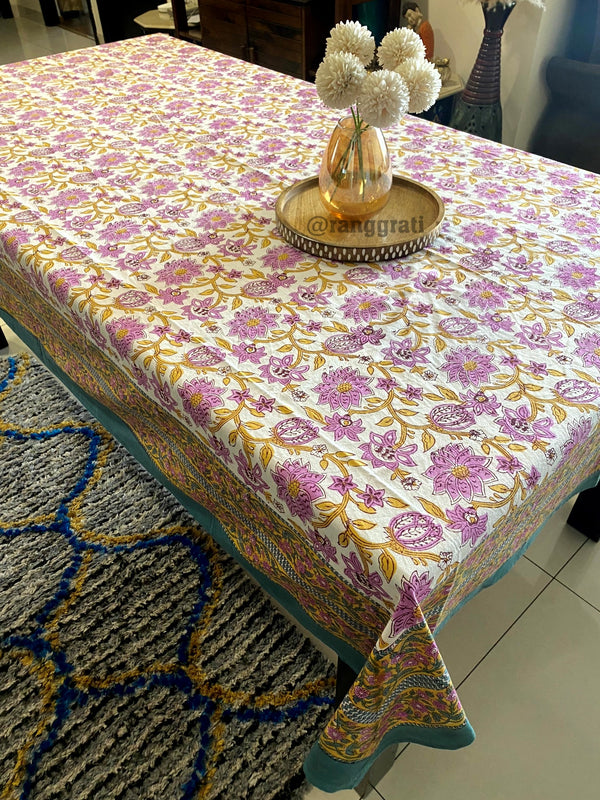 Pink Jaal Floral Table Cover Cloth 6 Seater Dining Table Rectangular