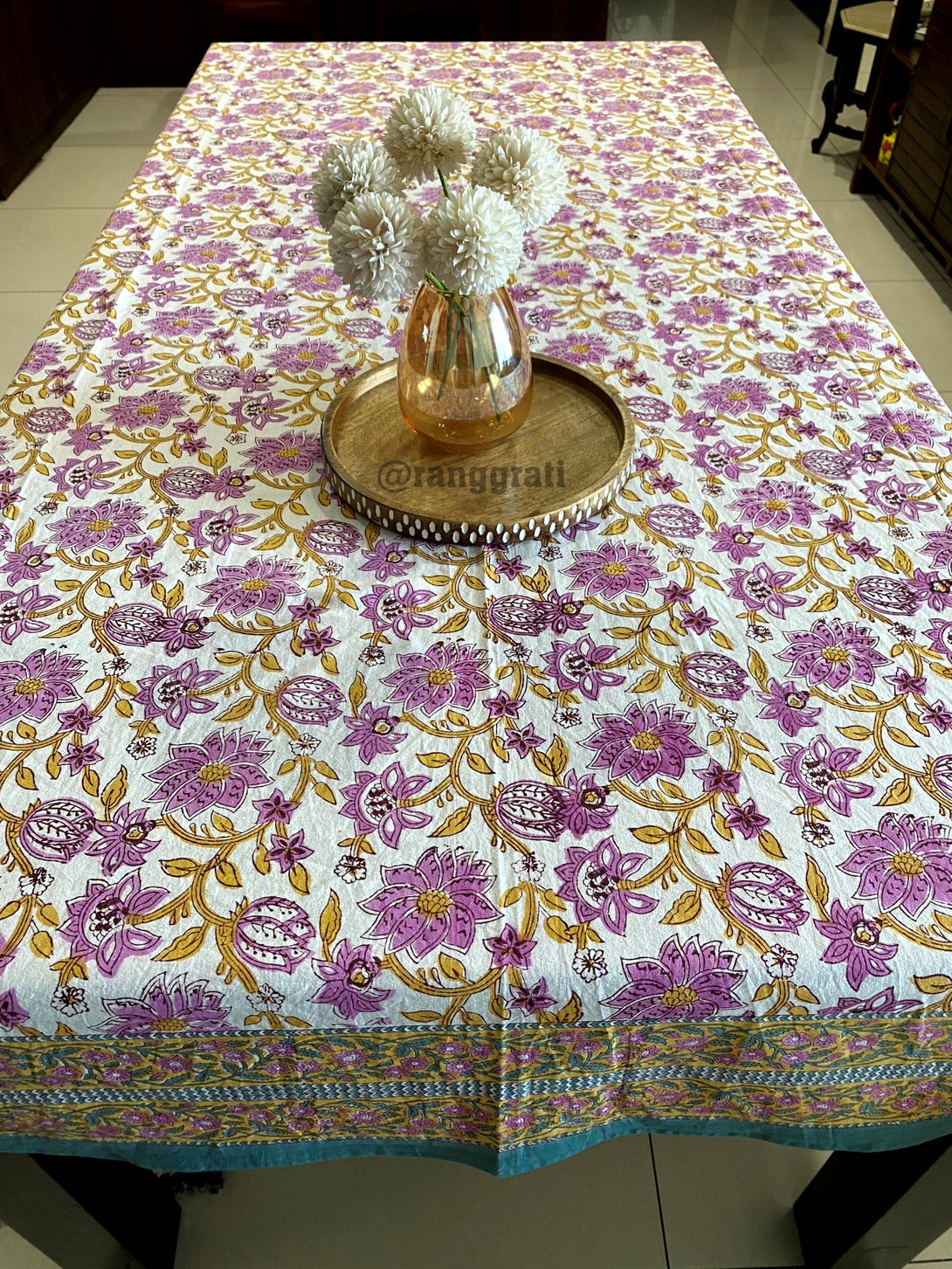 Pure Cotton Pink Jaal Floral Table Cover Cloth 6 Seater Dining Table Rectangular