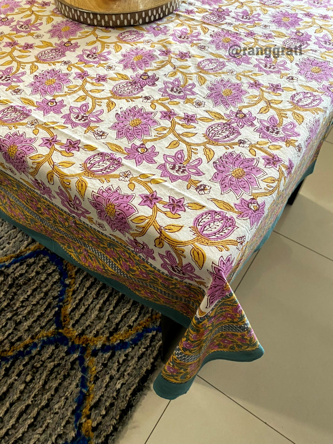Pink Jaal Floral Table Cover Cloth 6 Seater Dining Table Rectangular Cotton