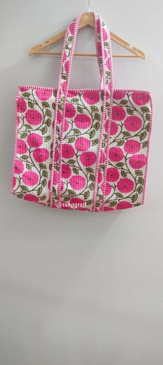Pink Jaal Floral Tote Bag Quilted Hand Block Printed In Cotton With Zip