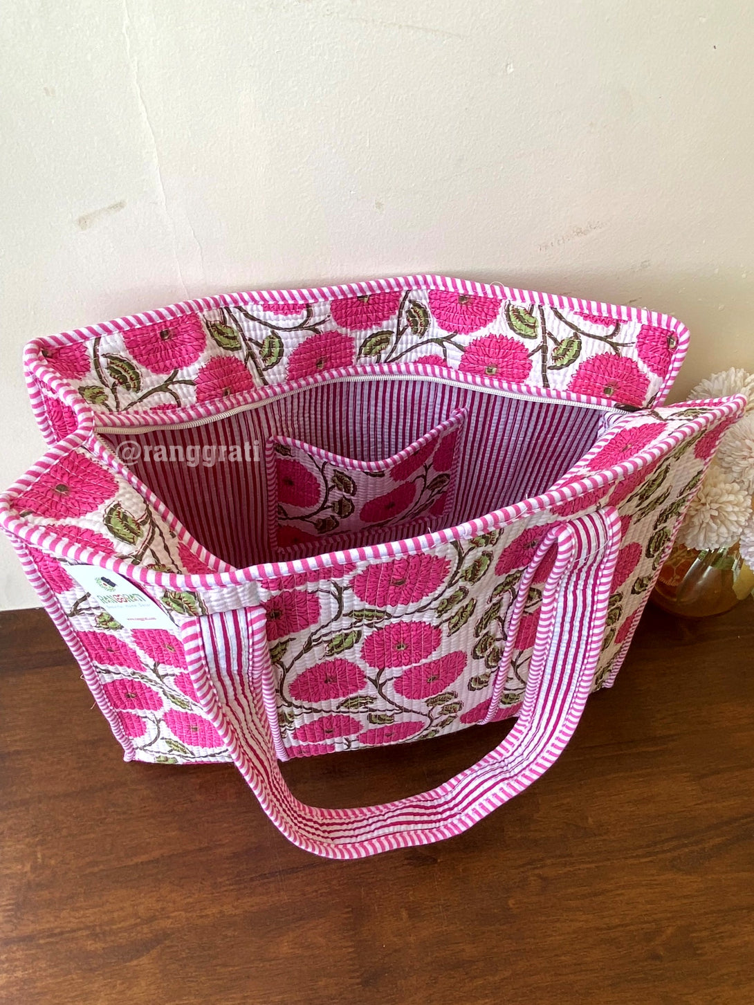 Pink Jaal Floral Tote Bag Quilted 