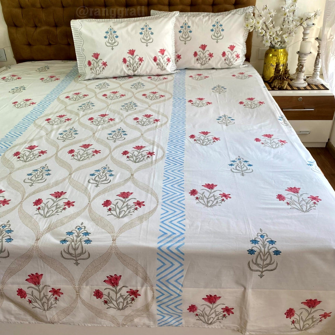 Pink Jasmine Floral King Size 250 TC Bedsheet Hand Block - Bedsheet