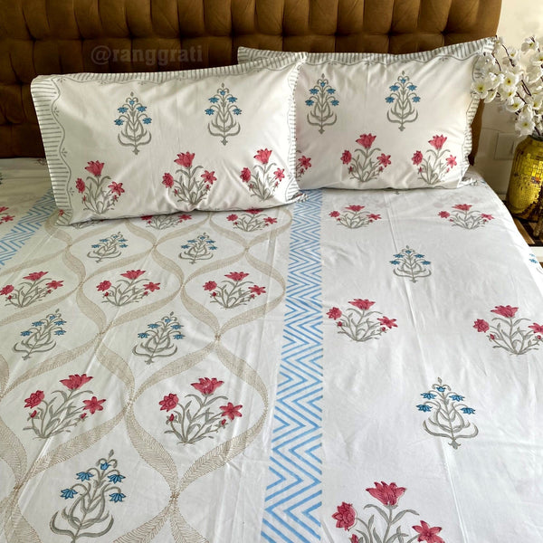 Pink Jasmine Floral King Size 250 TC Bedsheet Hand Block - Bedsheet