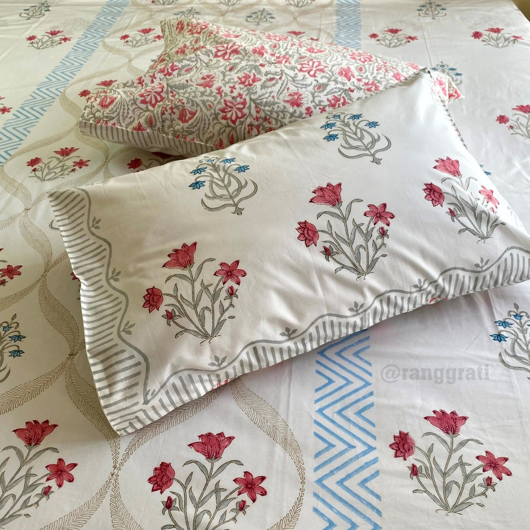 Pink Jasmine Floral King Size 250 TC Bedsheet Hand Block - Bedsheet