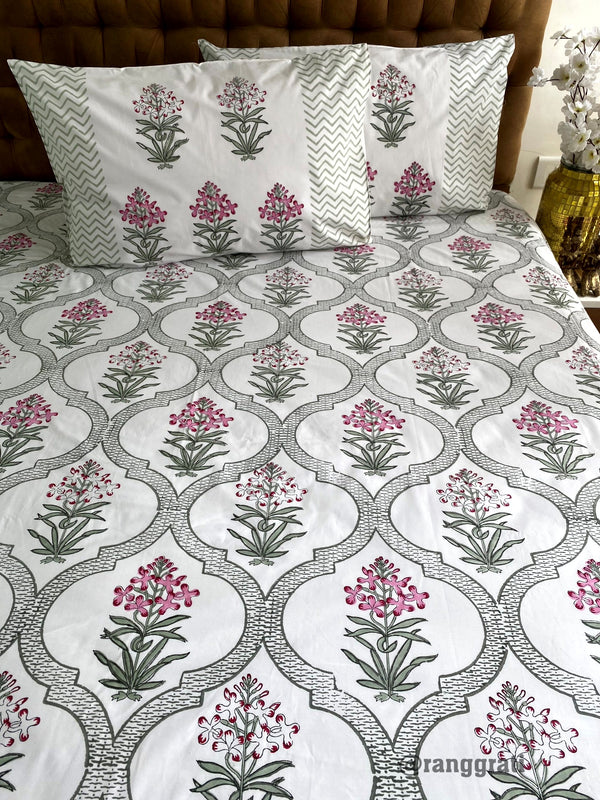 Pink Jungle Geranium Floral Super King Size 250 TC Bedsheet Cotton Hand Block