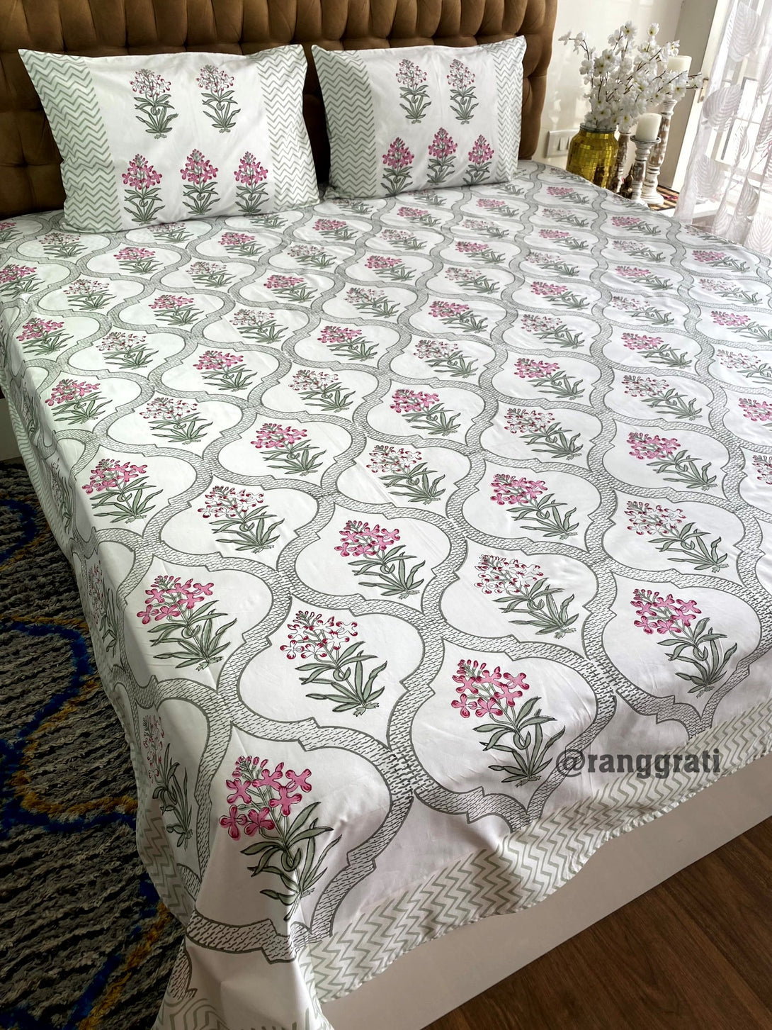 Super King Size Pink Jungle Geranium Floral Bedsheet Cotton Hand Block 250 TC