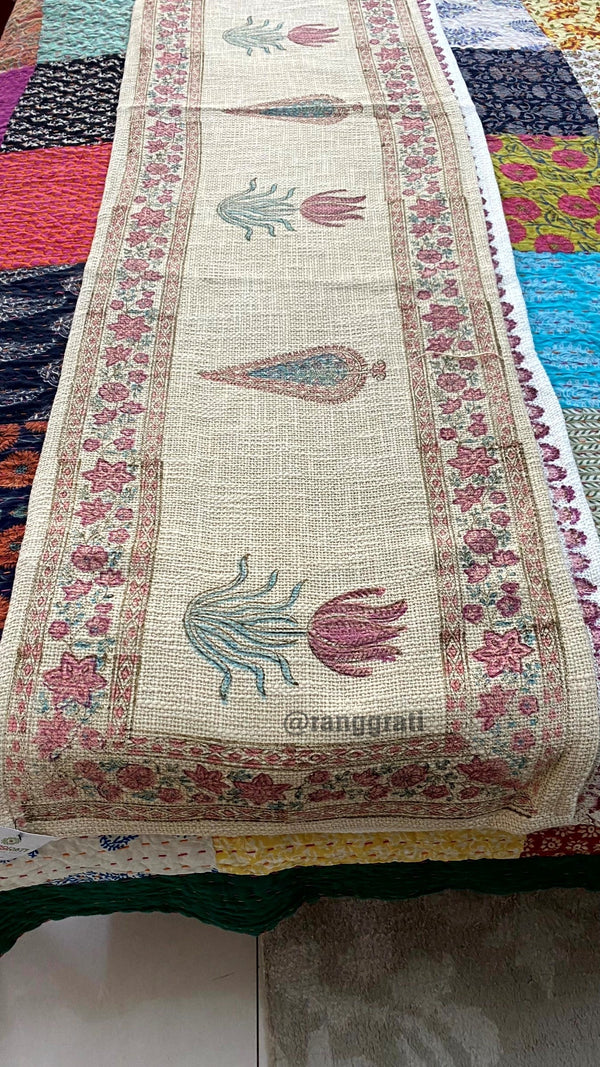 Pink Lotus Floral Jute Cotton Table Runner For 6 Seater Dining Table - Table Runner