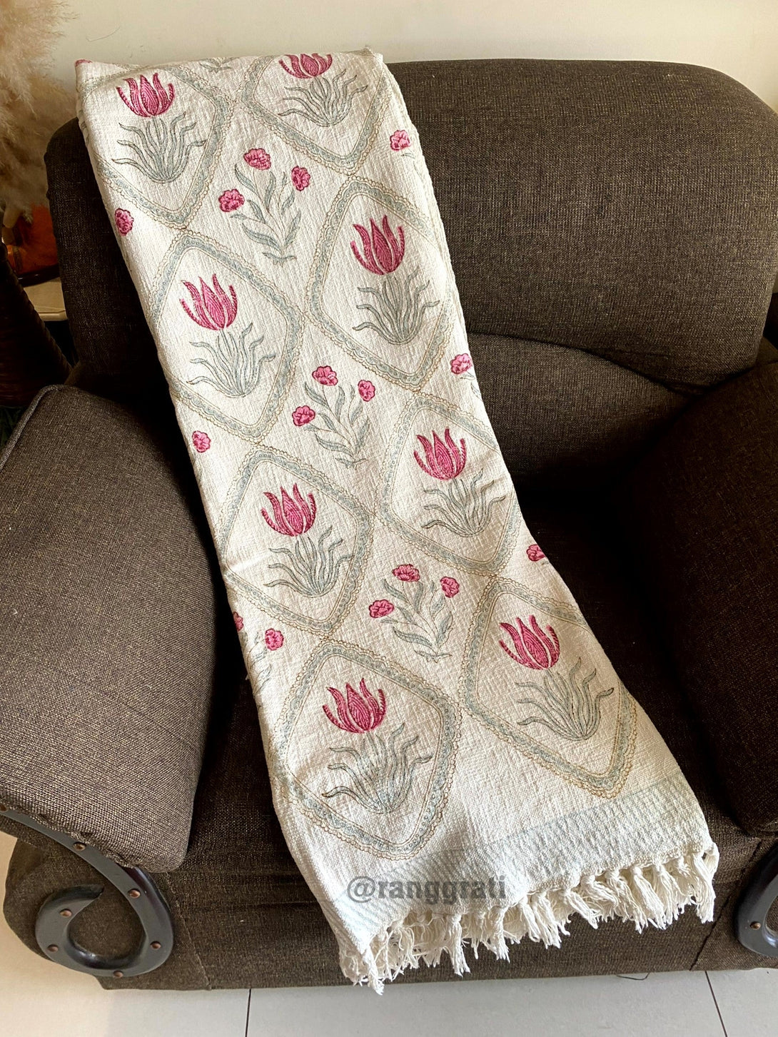 Pink Lotus Hand Block Jute Cotton Sofa Throw - Bedcover