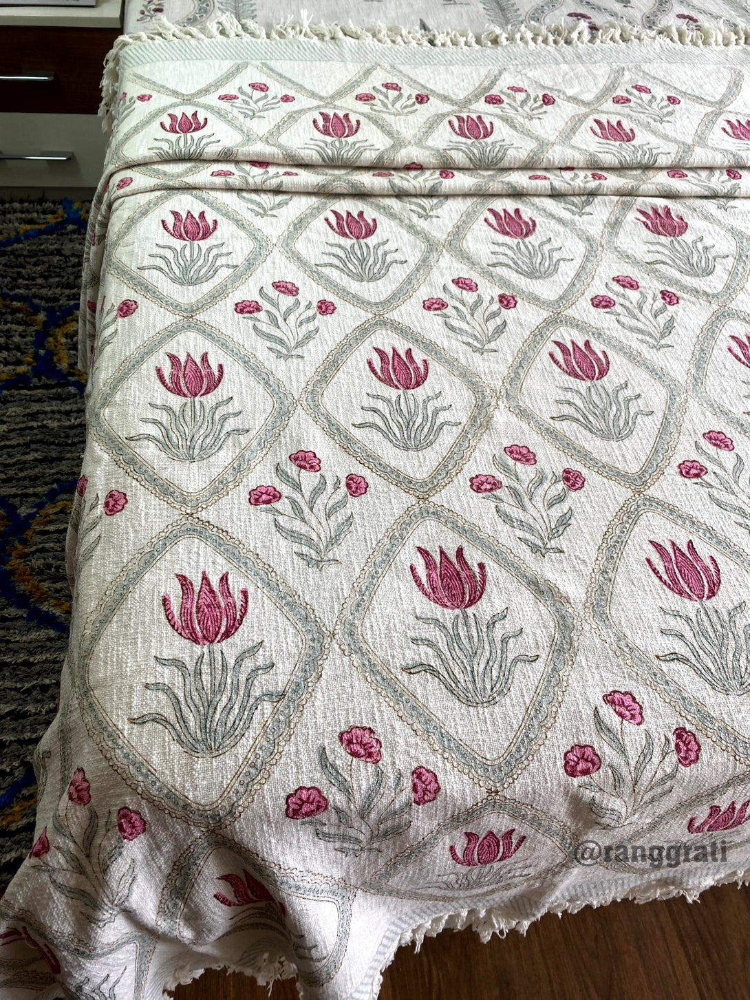 Pink Lotus Hand Block Jute Cotton Sofa Throw - Bedcover