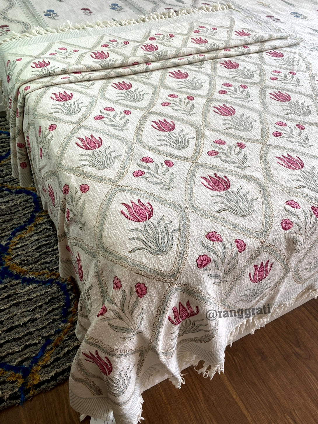 Pink Lotus Hand Block Jute Cotton Sofa Throw - Bedcover