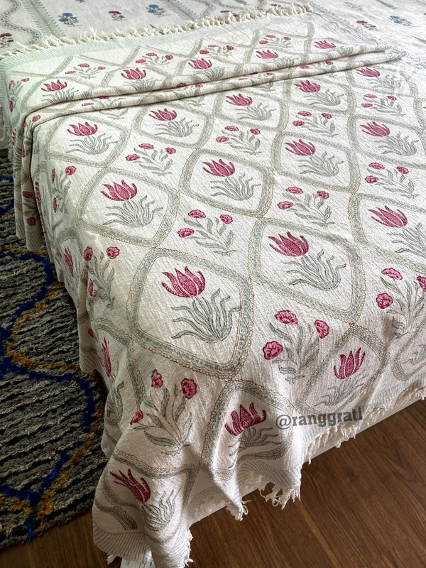 Pink Lotus Hand Block Jute Cotton Sofa Throw - Bedcover