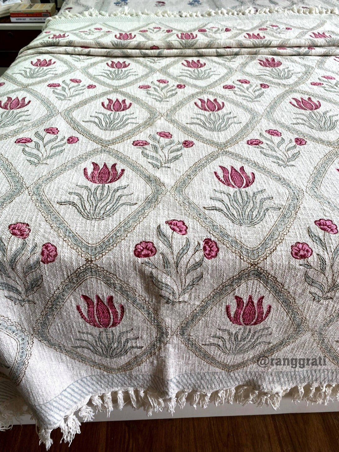 Pink Lotus Hand Block Jute Cotton Sofa Throw - Bedcover