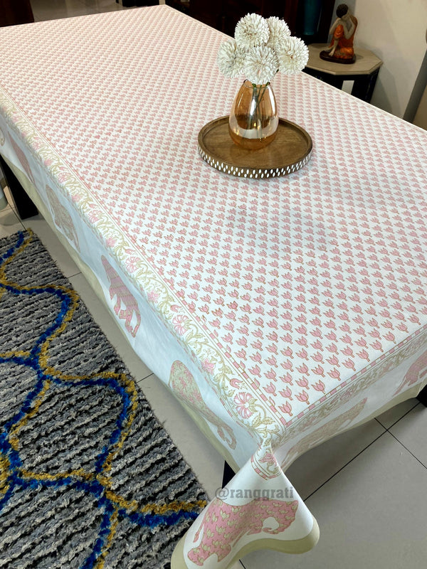 Pink Lotus Table Cover Cloth 8 Seater Dining Table Rectangular