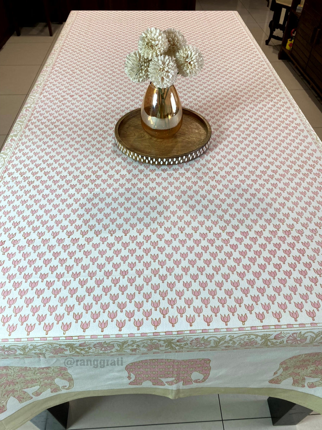 Rectangular Pink Lotus Table Cover for 8-Seater Dining Table