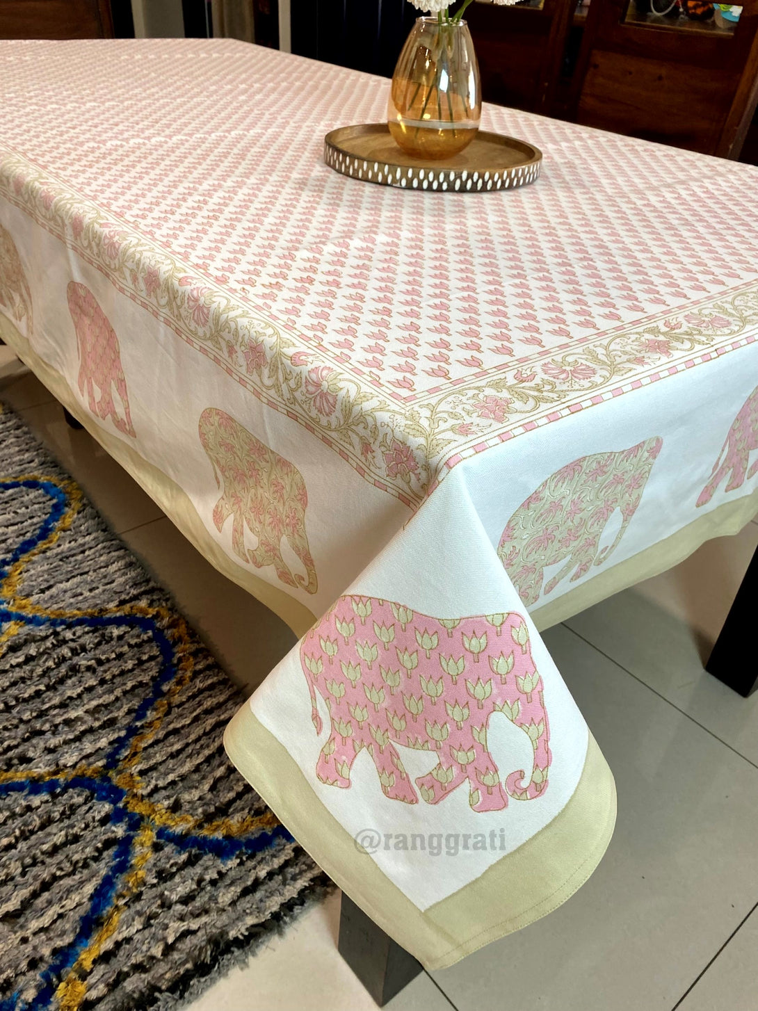 8-Seater Dining Table Cover – Pink Lotus And Elephant Design