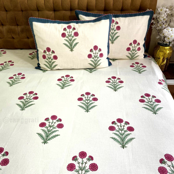Pink Marigold Floral Slub Cotton Bedcover King Size