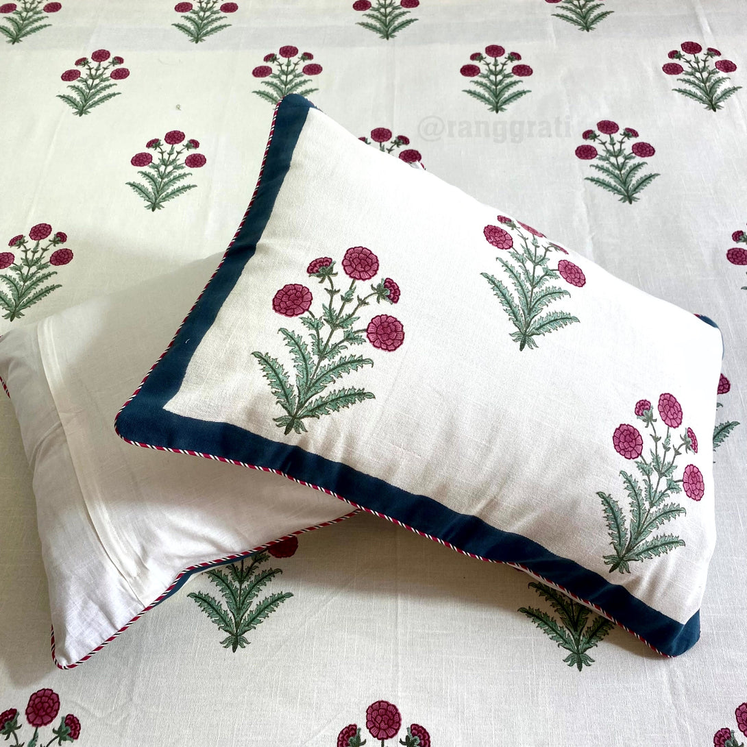 King Size Pink Marigold Floral Slub Cotton Bedcover 