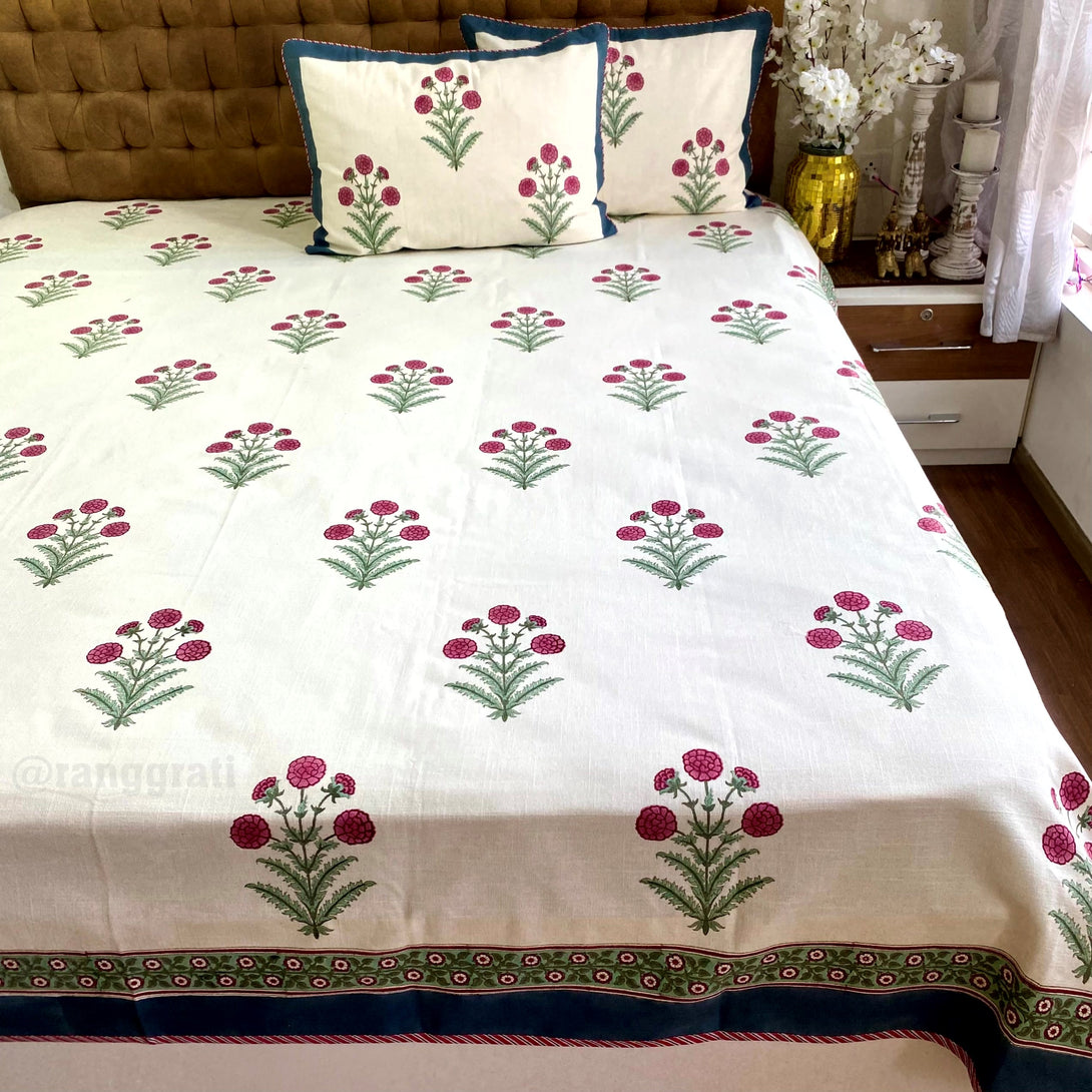 Slub Cotton Pink Marigold Floral Bedcover King Size