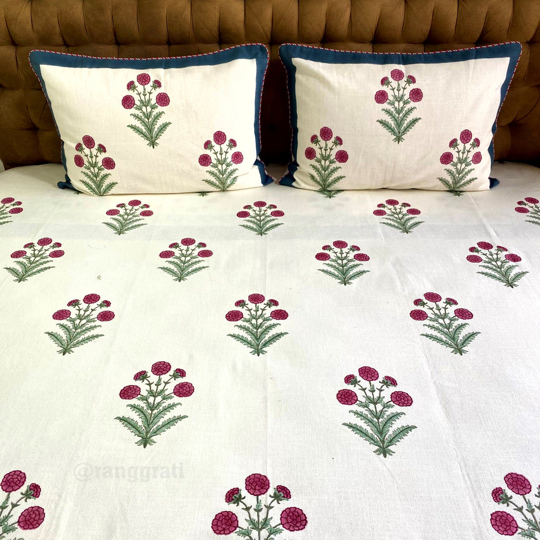 Pink Marigold Floral Slub Cotton King Size Bedcover