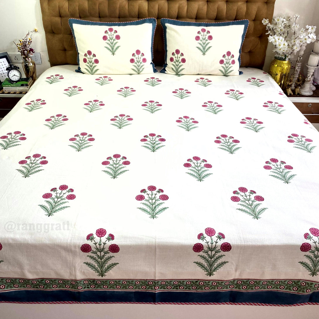 Slub Cotton King Size Pink Marigold Floral Bedcover 