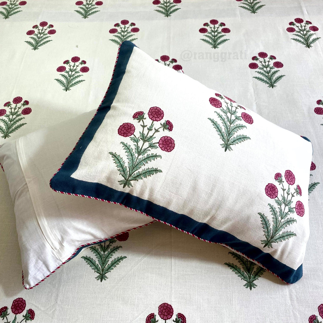 Pink Marigold Floral Slub Cotton Bedcover King Size - Bedcover