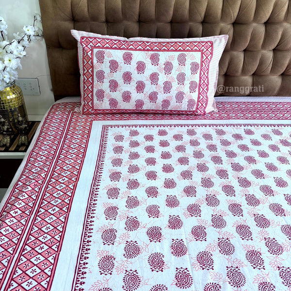 Pink Paisley Jaipuri Cotton Bedsheet King Size - Bedsheet