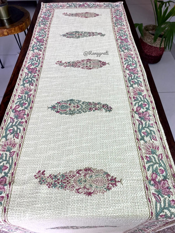 Pink Paisley Jute Cotton Table Runner For 6 Seater Dining Table - Table Runner