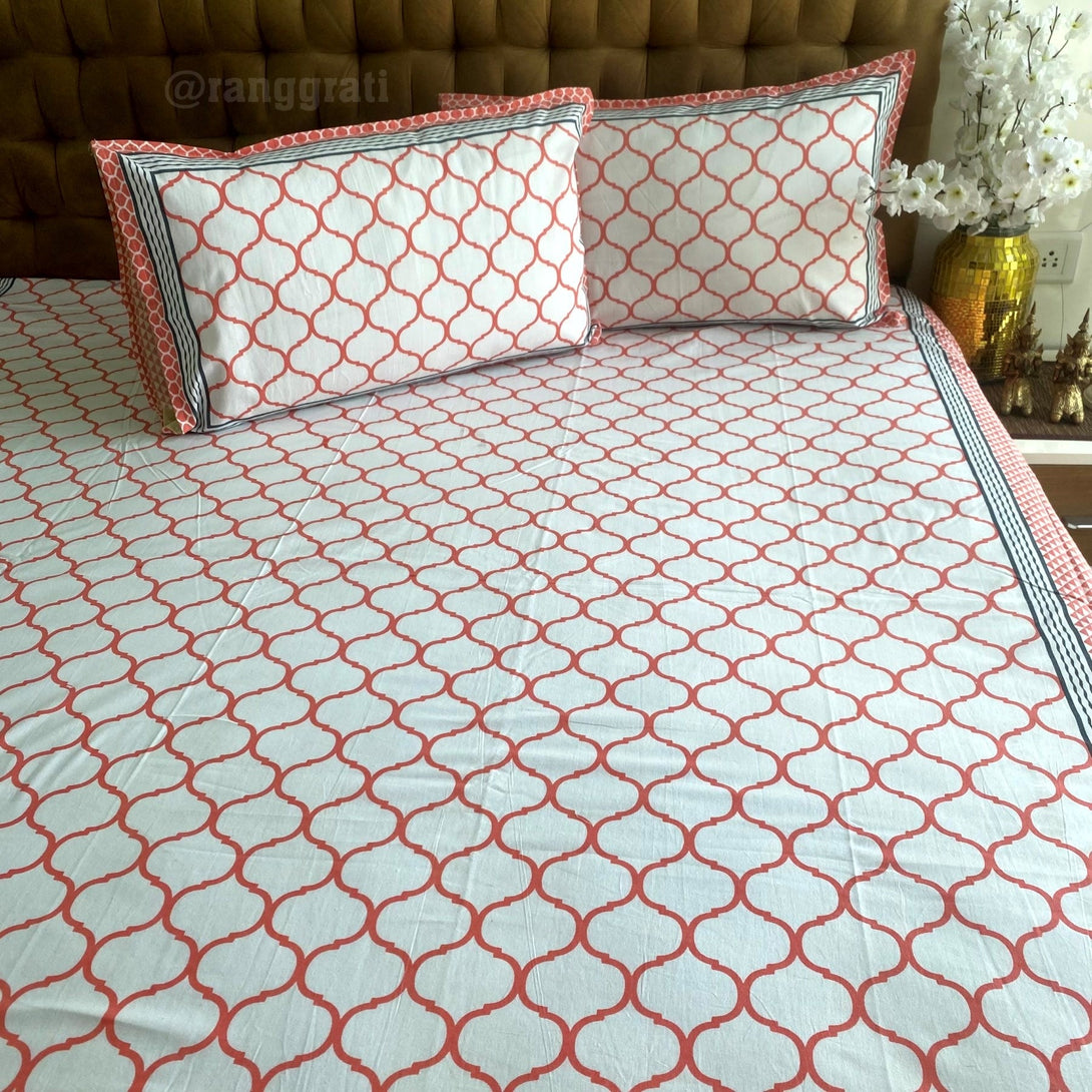 Pink Peach Waves Jaipuri Cotton Bedsheet King Size For Double Bed - Bedsheet