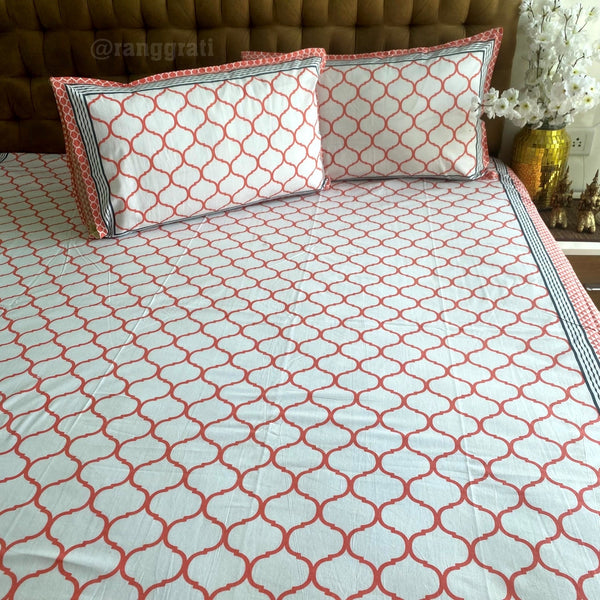 Pink Peach Waves Jaipuri Cotton Bedsheet King Size For Double Bed - Bedsheet