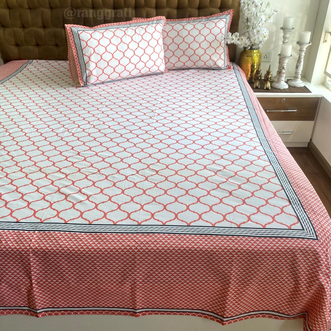 Pink Peach Waves Jaipuri Cotton Bedsheet King Size For Double Bed - Bedsheet