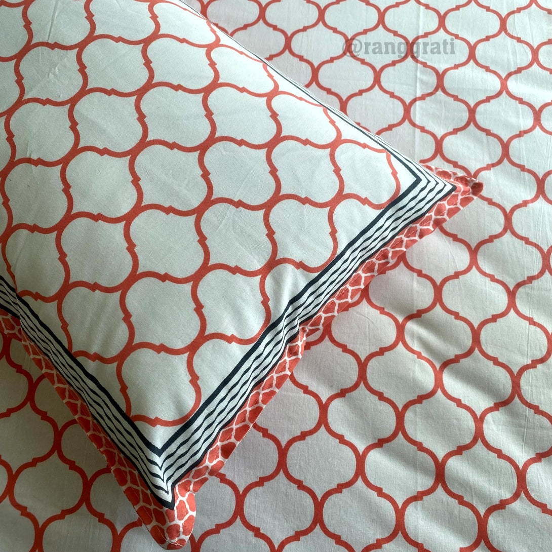Pink Peach Waves Jaipuri Cotton Bedsheet King Size For Double Bed - Bedsheet