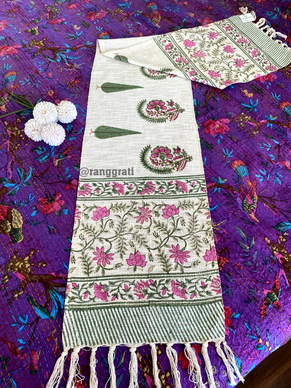Pink Pine Floral Jute Cotton Table Runner Hand Block Print For 6 Seater Dining Table