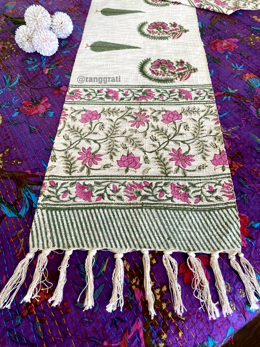 Pink Pine Floral Jute Cotton Table Runner For 6 Seater