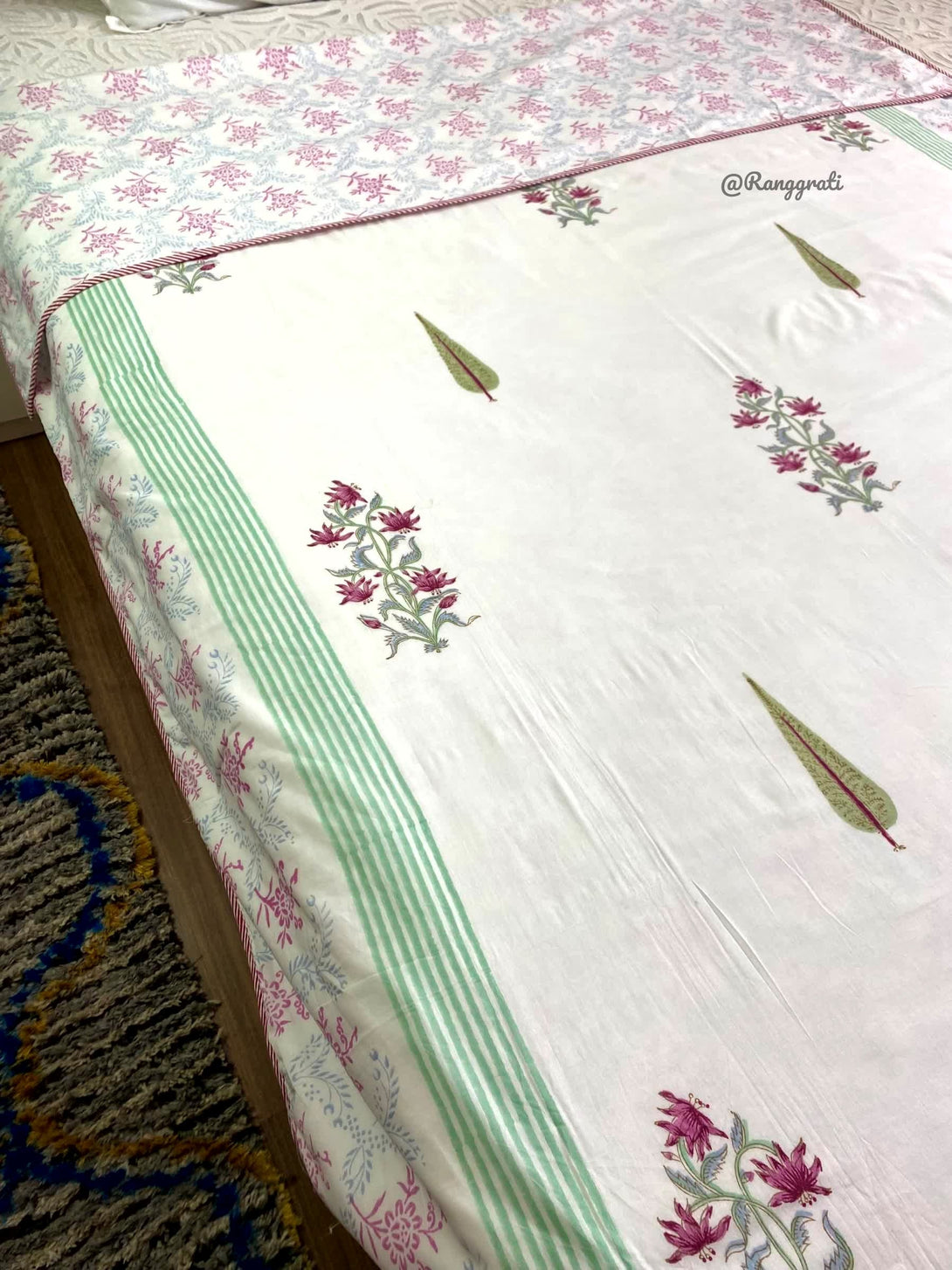 Pink Pine Single Dohar Cotton Reversible Hand Block Print - Dohar