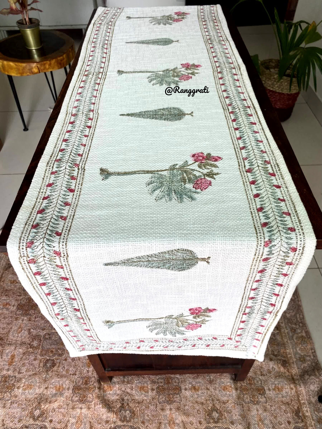 Pink Pine Tree Jute Cotton Table Runner For 6 Seater Dining Table - Table Runner