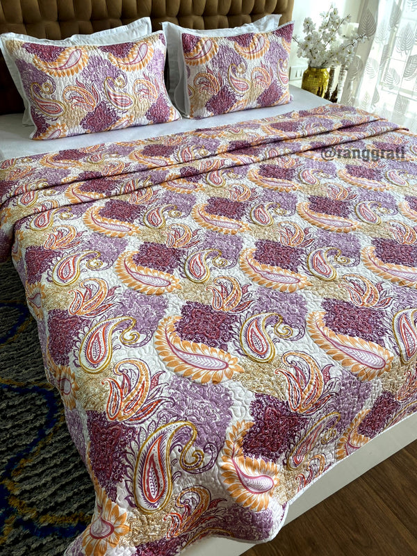King Size Pink Purple Floral Quilted Bedcover Luxury Quality