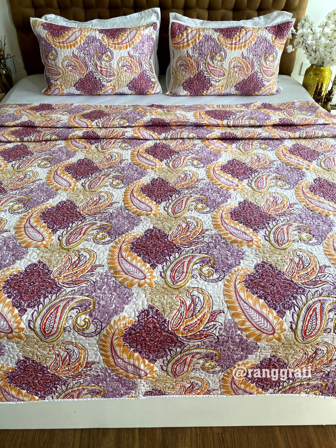 Pink Purple Floral Quilted Bedcover Luxury Quality King Size