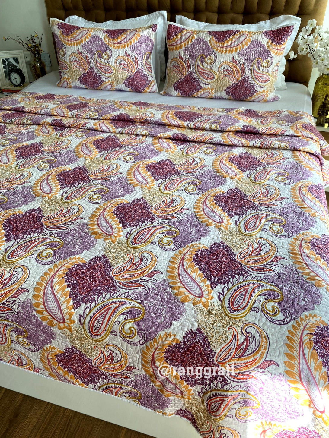 King Size Luxury Quality Pink Purple Floral Quilted Bedcover 
