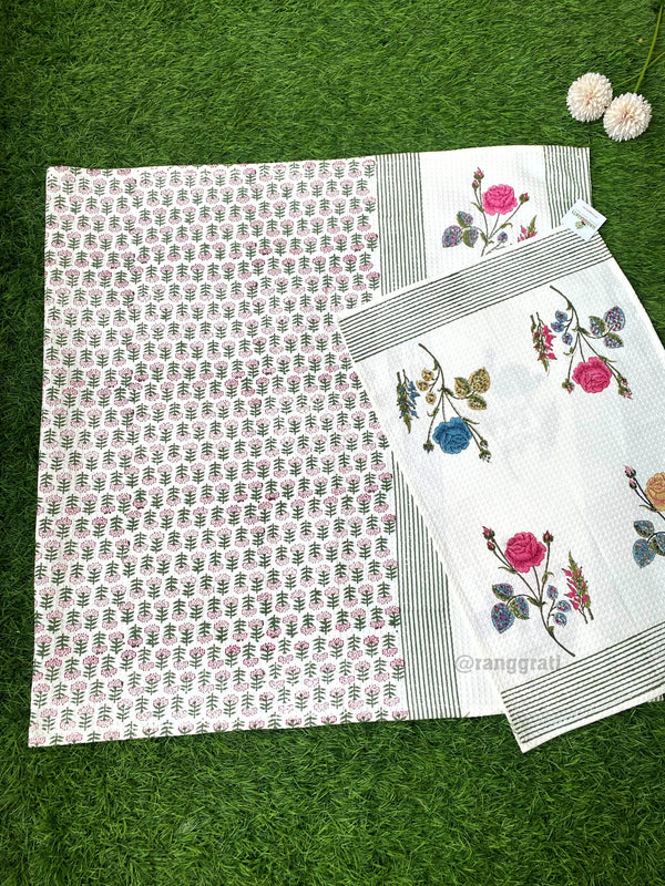 Pink Roses Hand Block Printed Body & Hand Towel In Pure Cotton Waffle