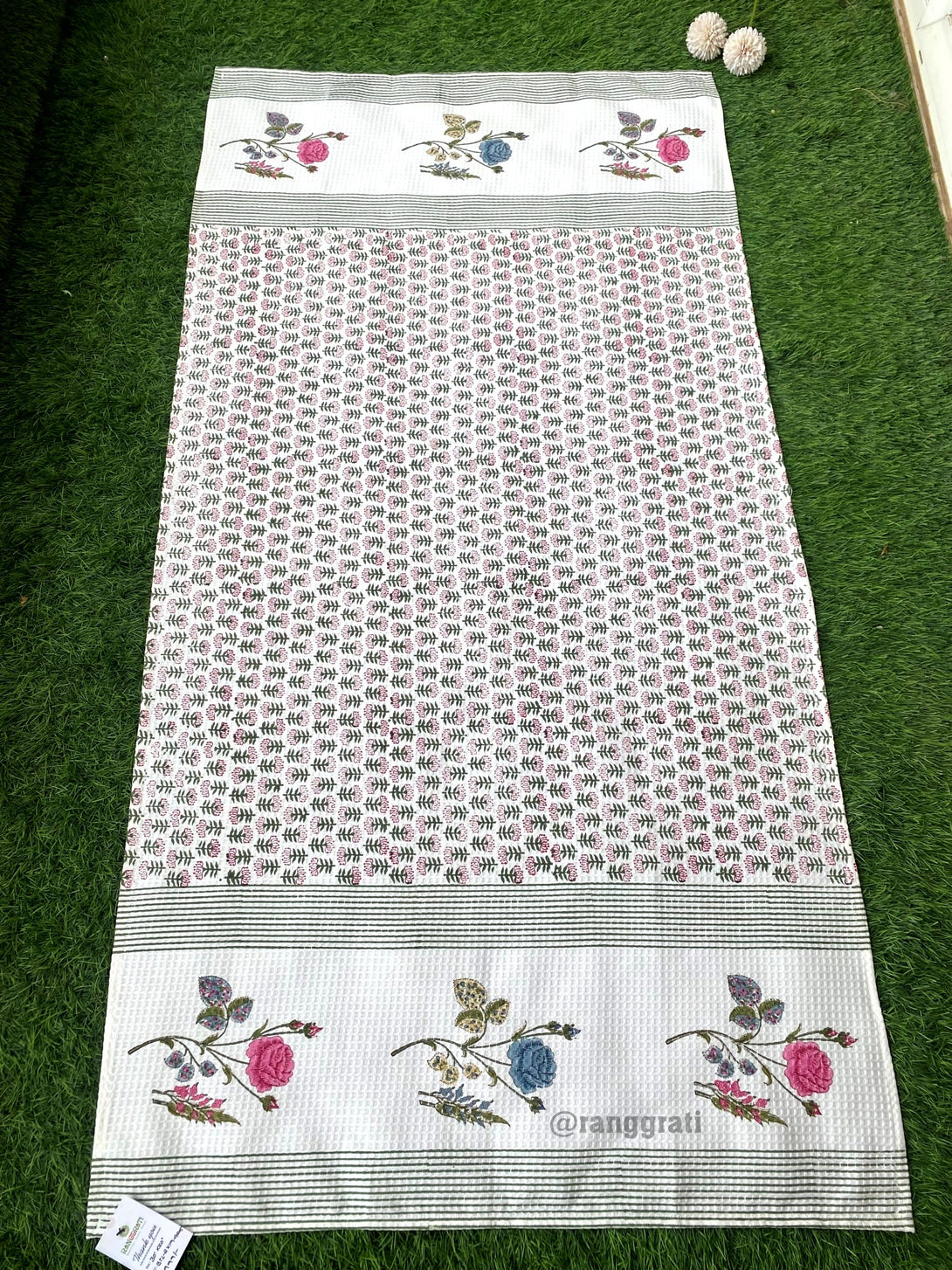 Pure Cotton Waffle Body & Hand Towels with Pink Roses Hand Block Print.