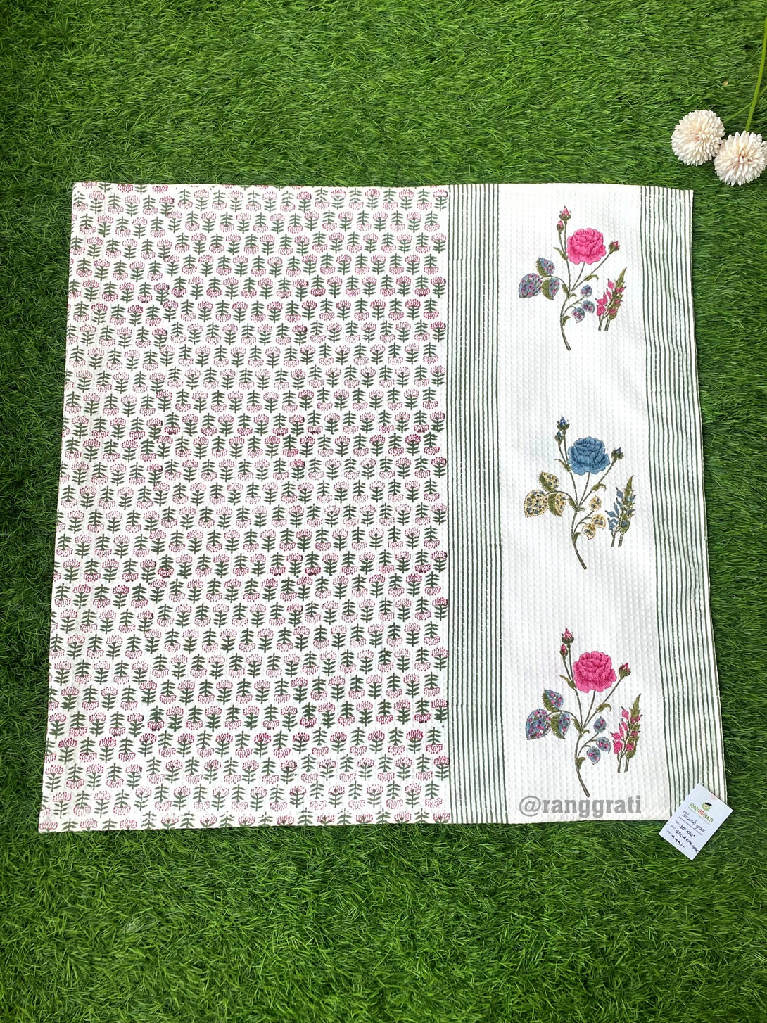 Pink Roses Hand Block Print Body and Hand Towels in Soft Cotton Waffle.