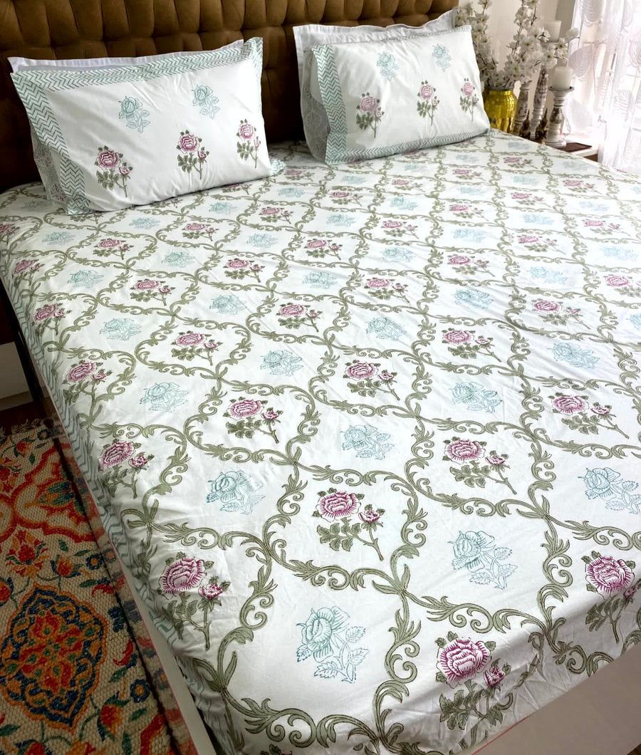 Pink Rose Cotton 250 TC Elastic Fitted Bedsheet King Size