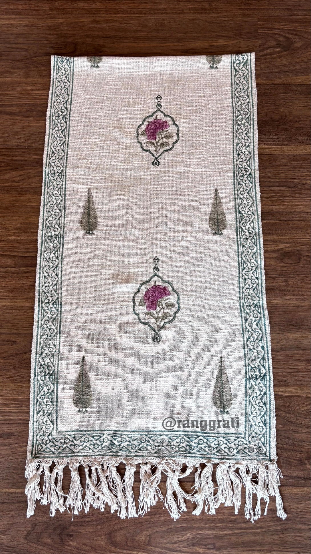 Pink Rose Jute Cotton Table Runner  For 6 Seater